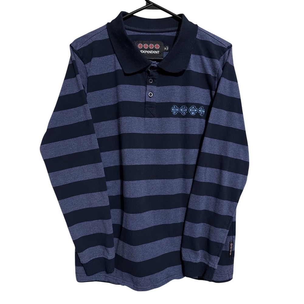Independent Skate Trucks Iron Cross Embroidered Striped Men's M Long Sleeve Polo